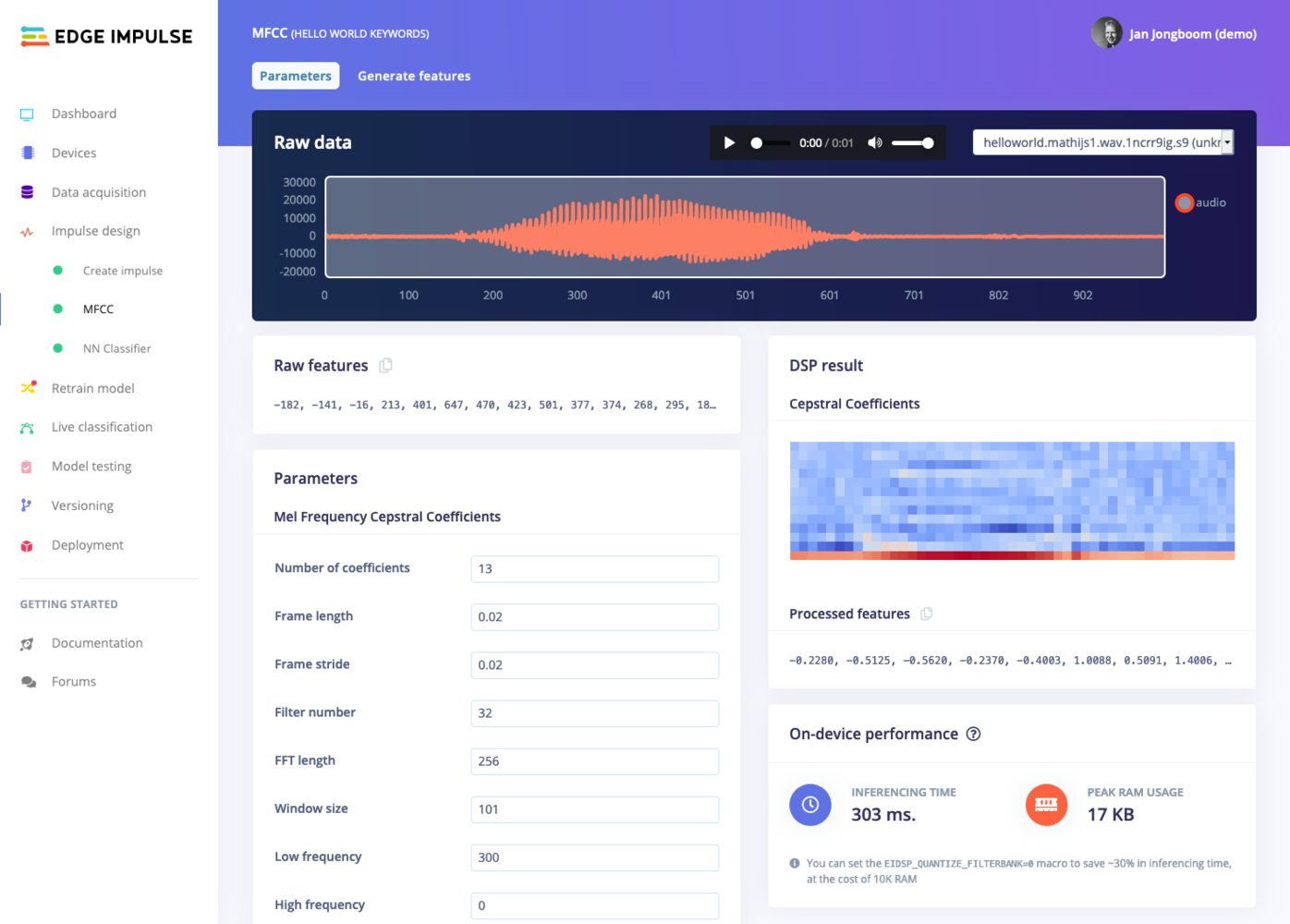 MFCC block page showing an audio sample and signal parameters