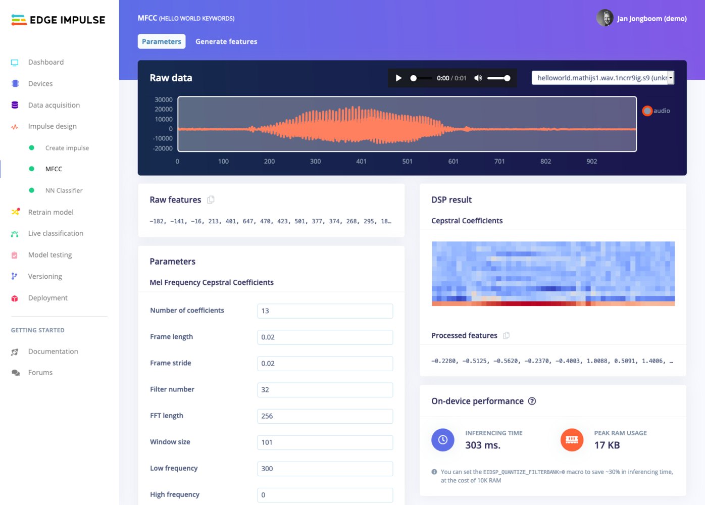 MFCC block page showing an audio sample and signal parameters