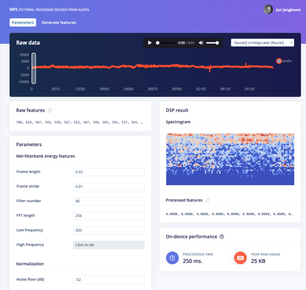 MFCC block page with an audio sample and processing parameters