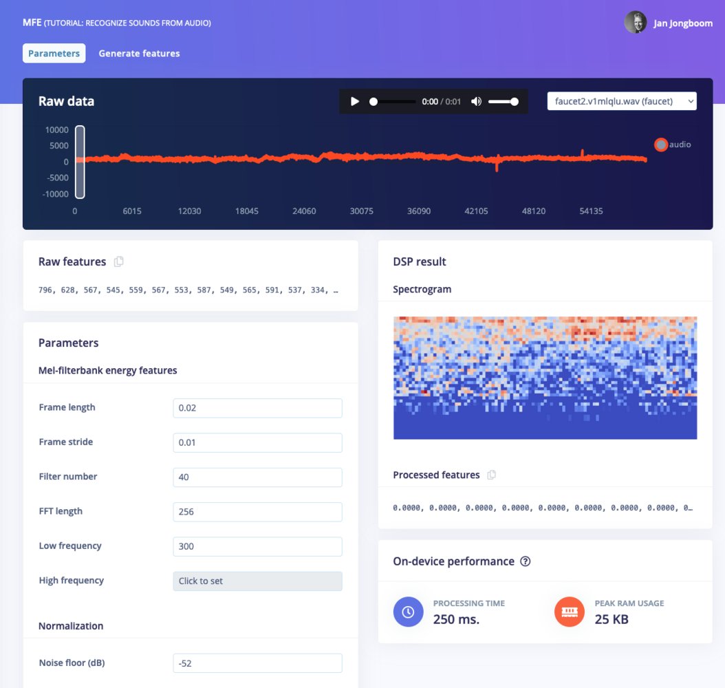 MFCC block page with an audio sample and processing parameters