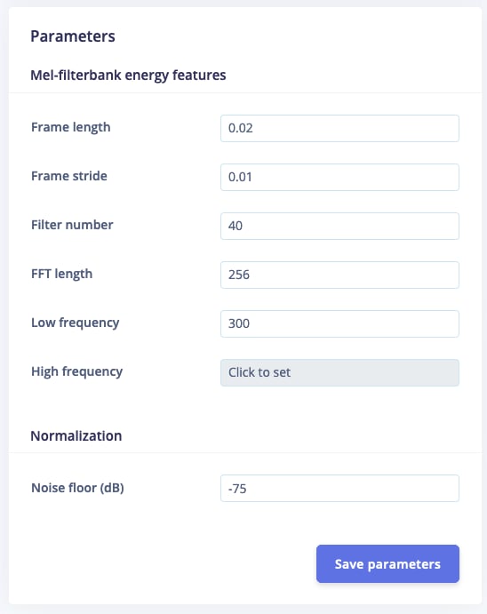 MFCC parameter panel for tuning audio feature extraction
