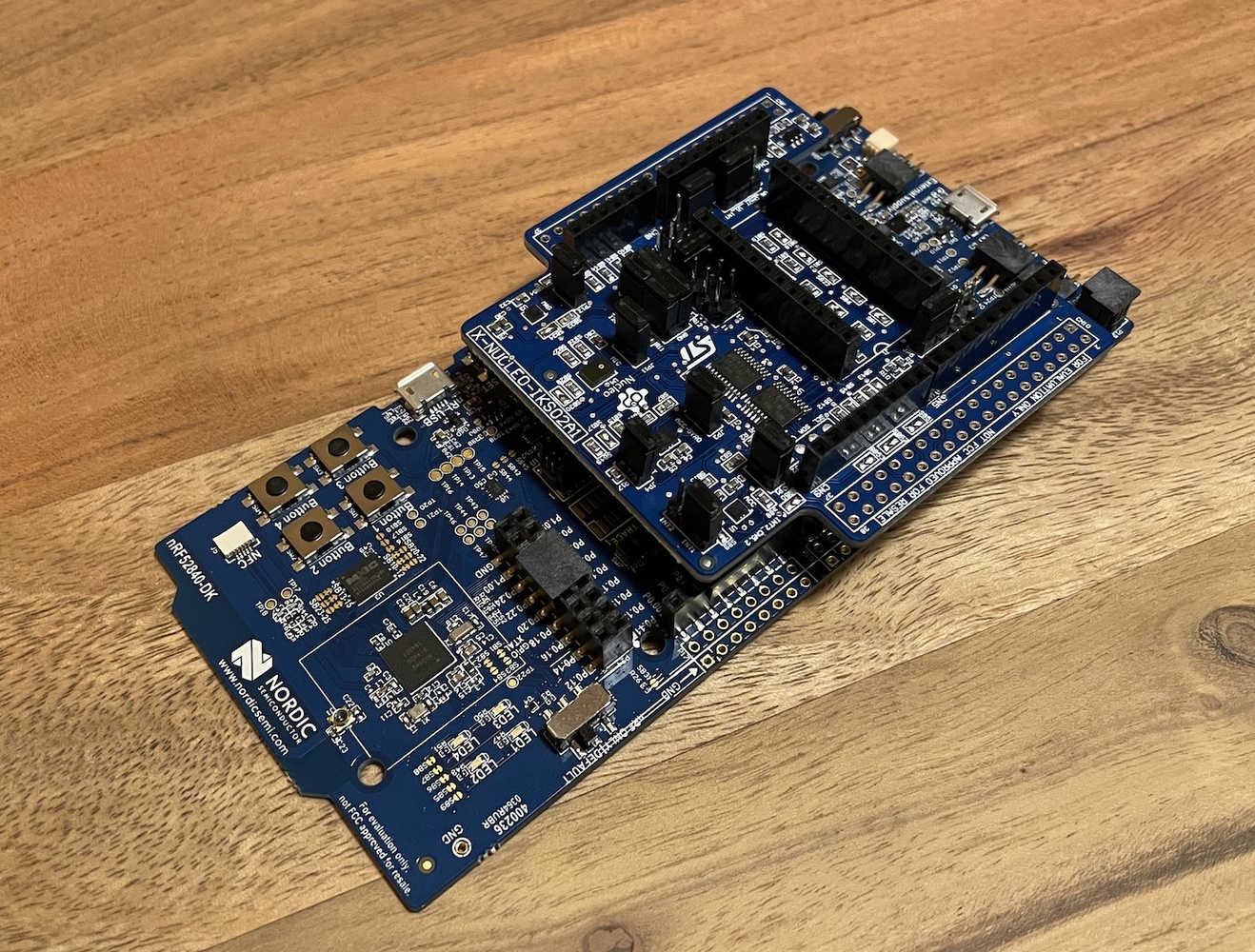 X-NUCLEO-IKS02A1 shield seated on the nRF52840 DK headers