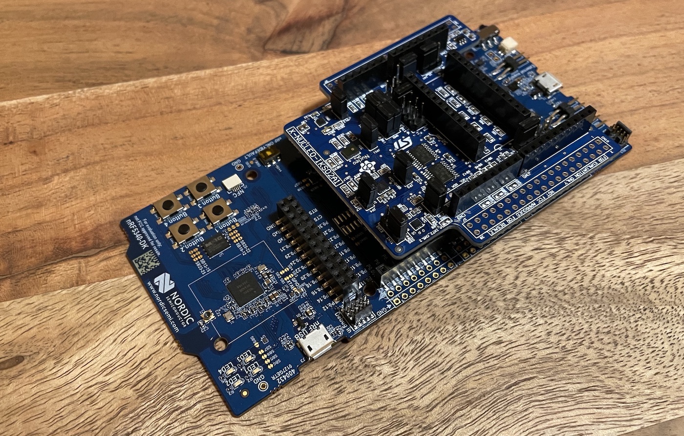 X-NUCLEO-IKS02A1 shield seated on the nRF5340 DK headers