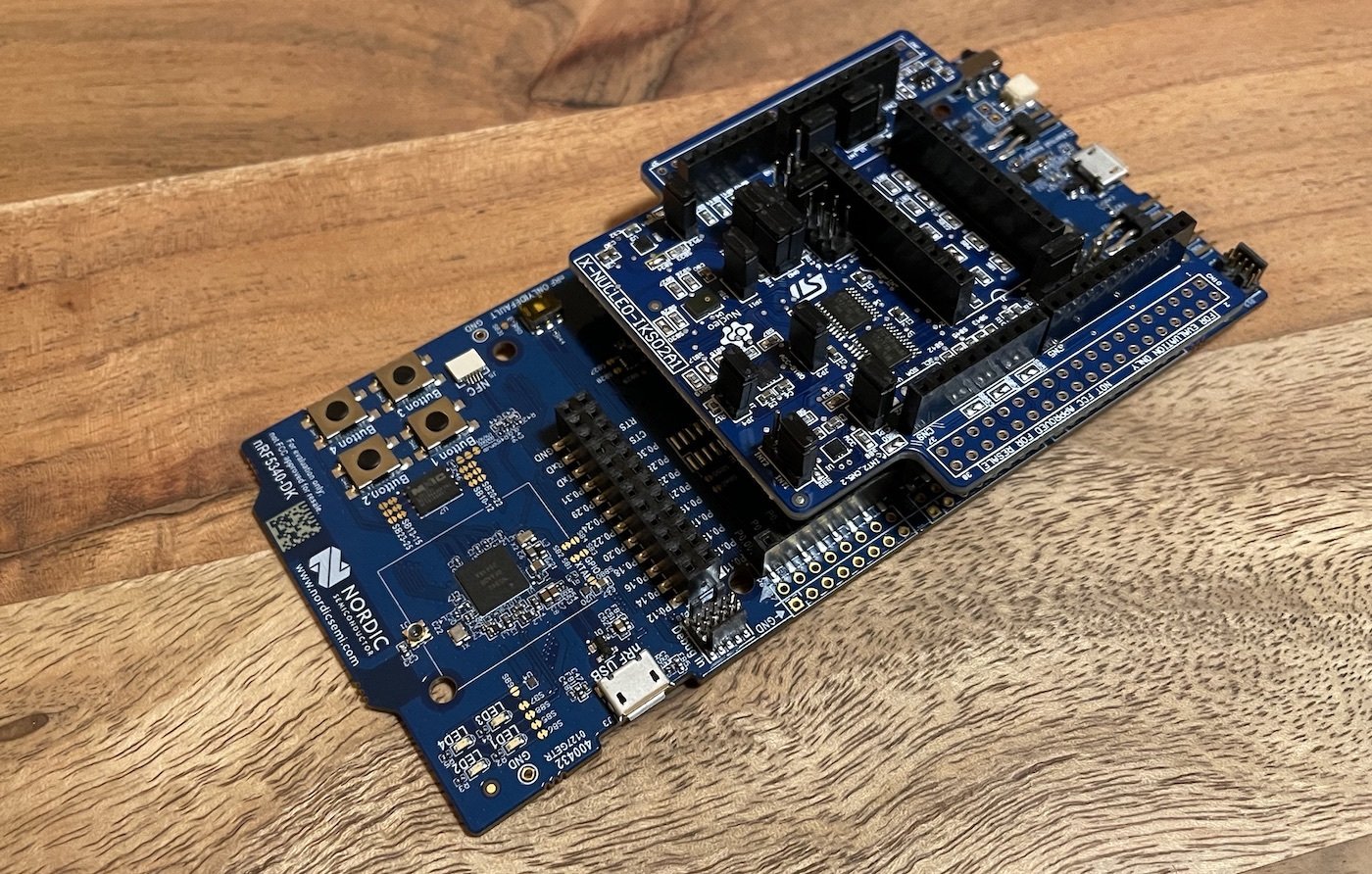 X-NUCLEO-IKS02A1 shield seated on the nRF5340 DK headers