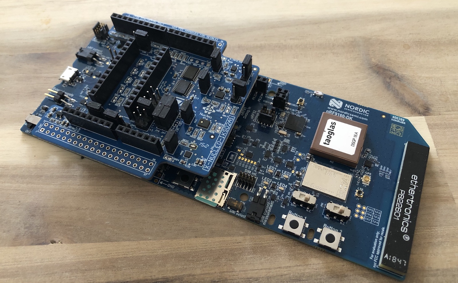 X-NUCLEO-IKS02A1 shield seated on the nRF9160 DK headers