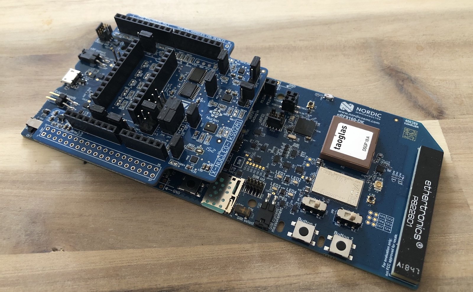 X-NUCLEO-IKS02A1 shield seated on the nRF9160 DK headers