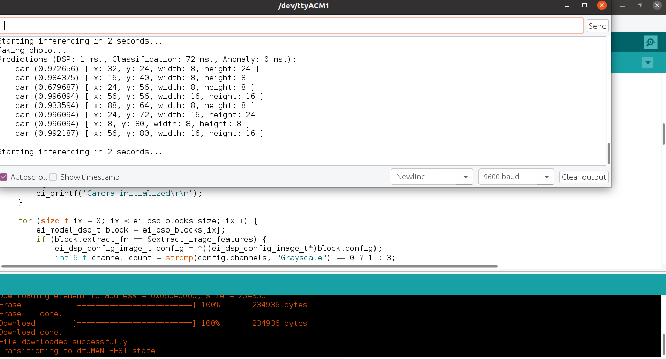 Arduino sketch output running the FOMO model