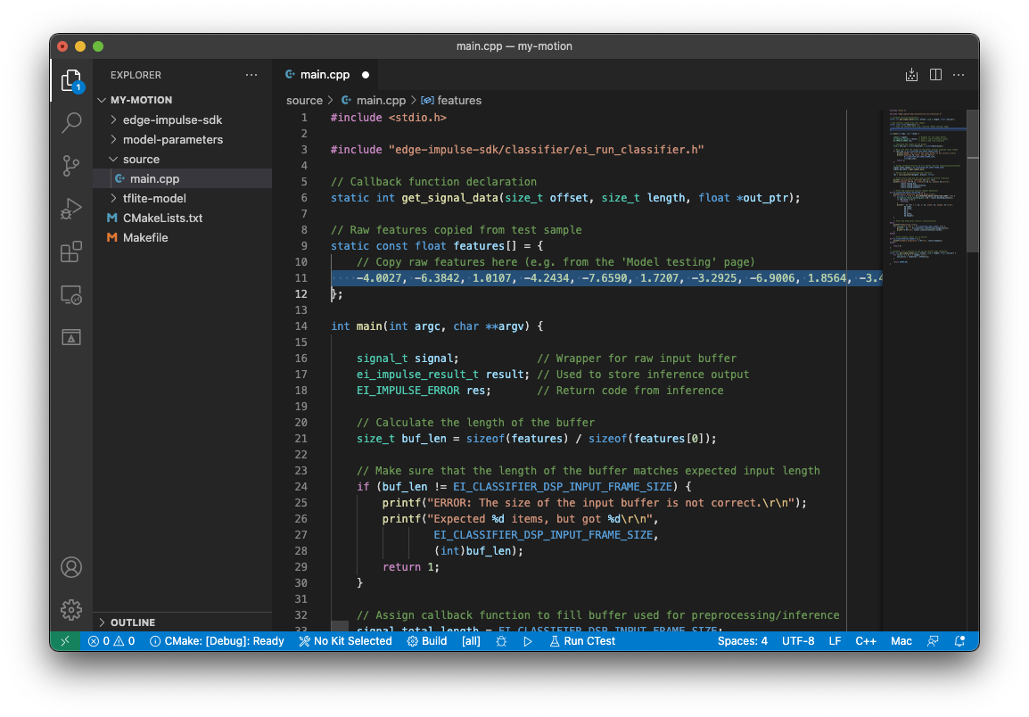 Source editor with raw feature values pasted into the input buffer array
