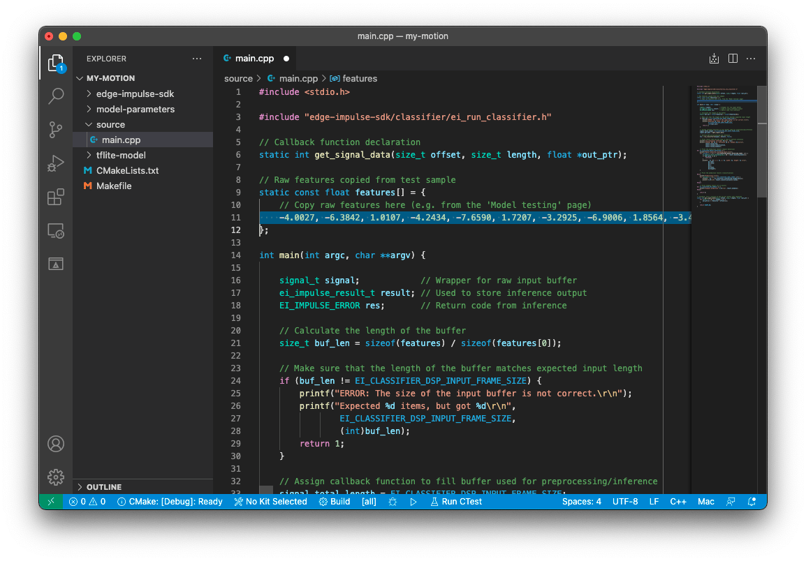 Source editor with raw feature values pasted into the input buffer array
