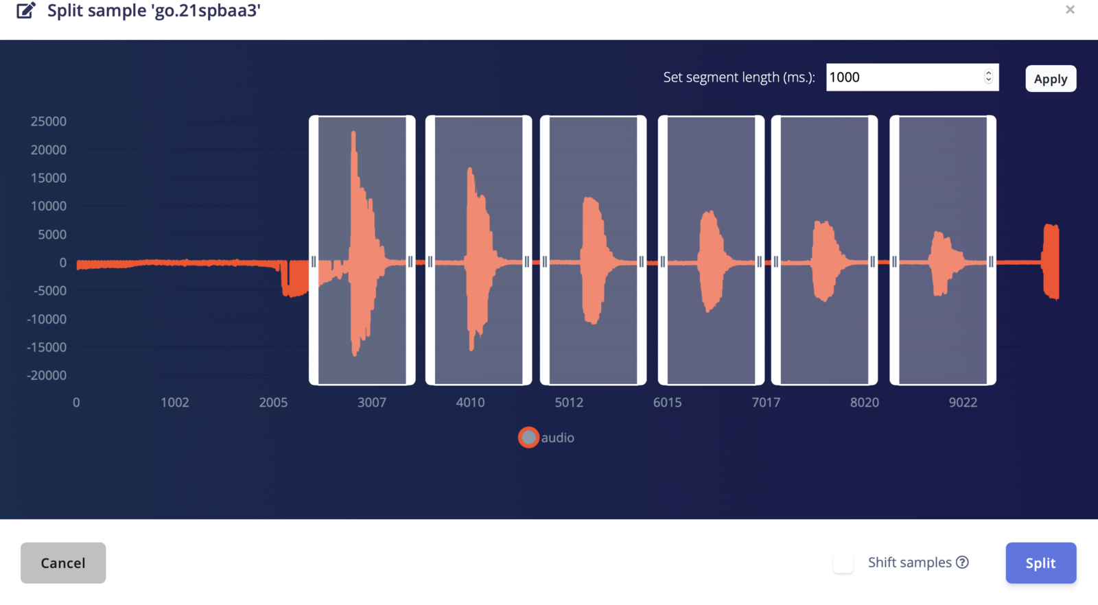 Split sample tool with detected keyword segments highlighted