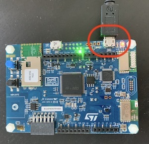 ST B-L475E-IOT01A board connected by micro-USB using the port farthest from the buttons