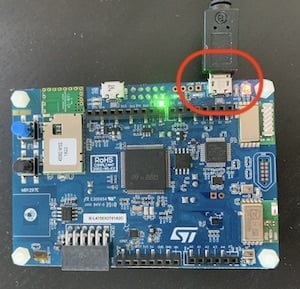 ST B-L475E-IOT01A board connected by micro-USB using the port farthest from the buttons