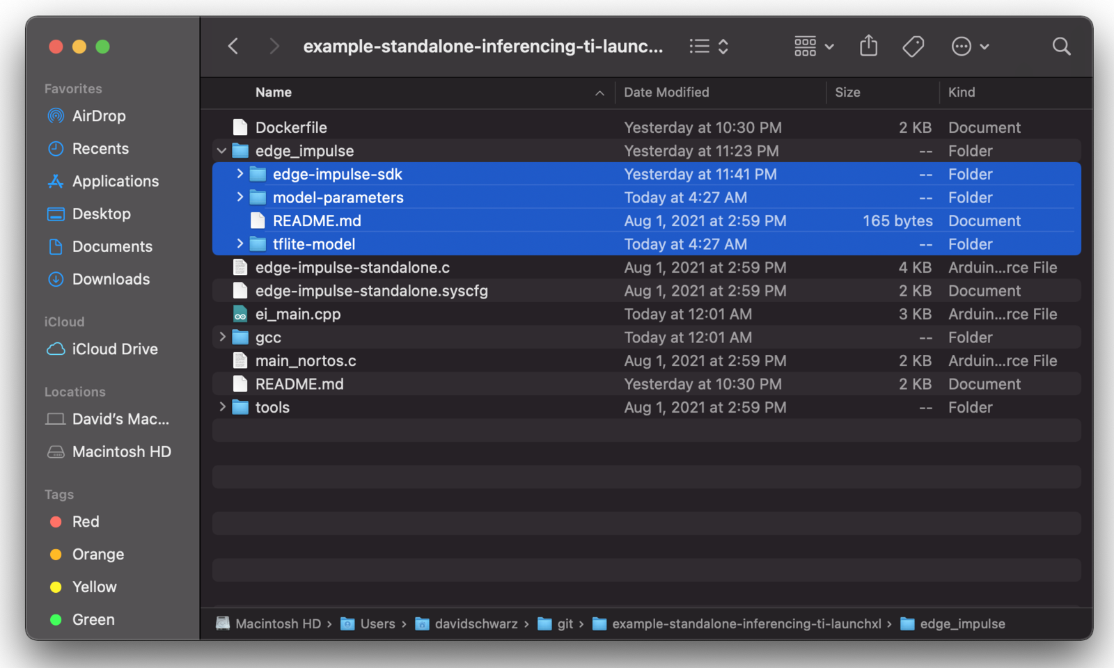 Standalone Alif example directory with Edge Impulse SDK and model folders copied in