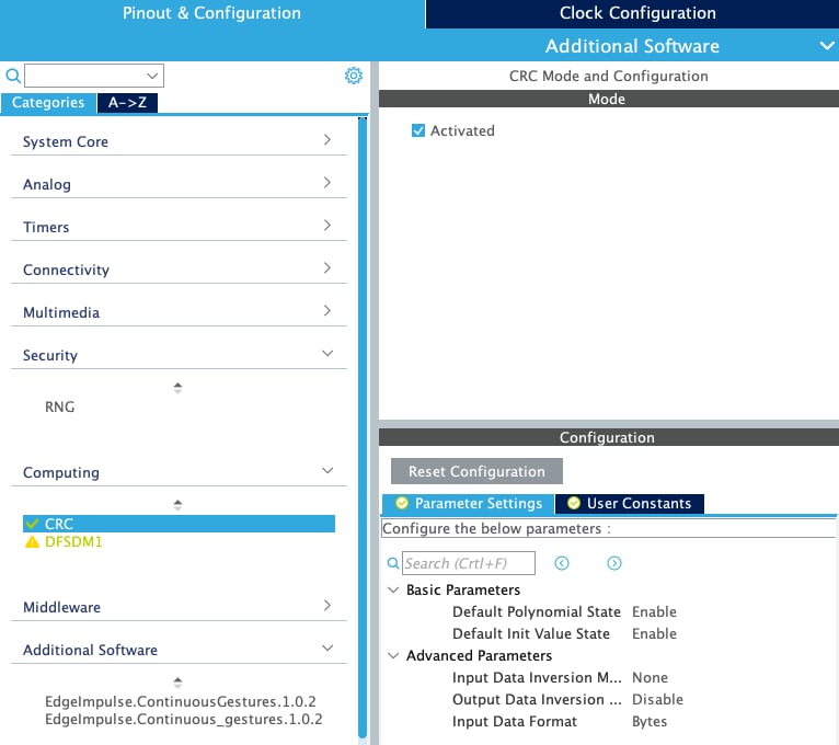 STM32CubeMX configuration page with the CRC peripheral activated