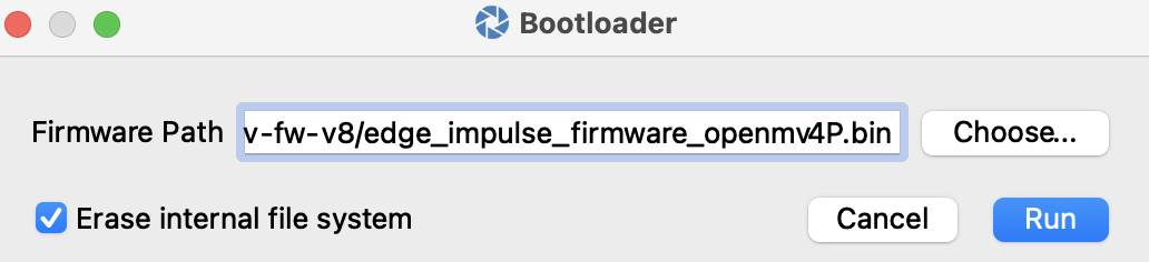 Bootloader dialog with Erase internal file system enabled before loading firmware