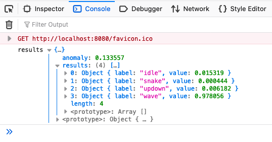 Browser developer console printing classification results from the WebAssembly example