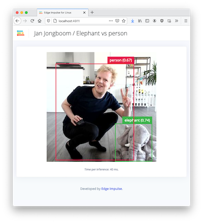 A browser preview with camera feed and live image classification results