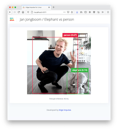 A browser preview with camera feed and live image classification results