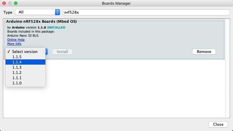 Arduino IDE Boards Manager with Arduino Mbed OS Nano Boards version 1.1.4 selected