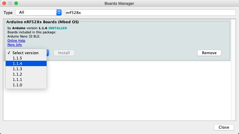 Arduino IDE Boards Manager with Arduino Mbed OS Nano Boards version 1.1.4 selected