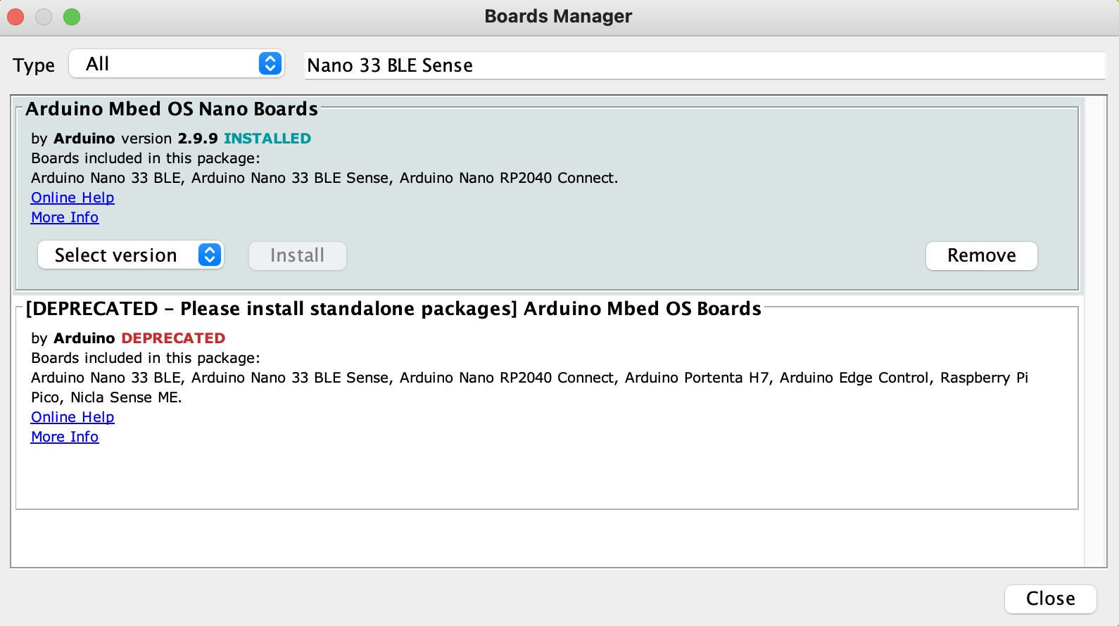 Arduino IDE Boards Manager with Arduino Mbed OS Nano Boards selected
