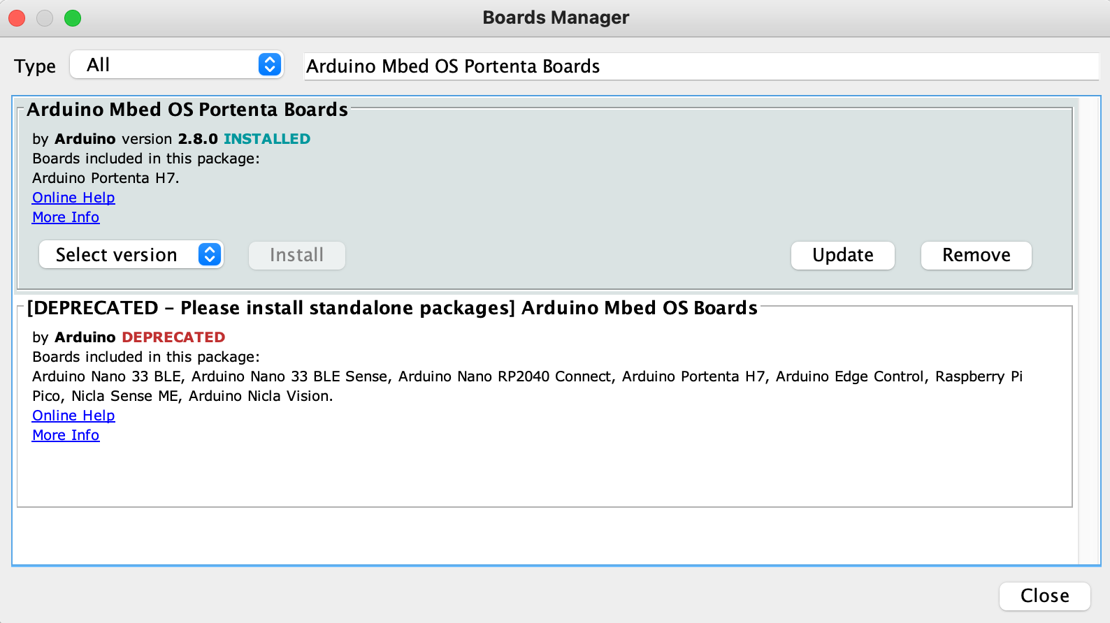Arduino IDE Boards Manager with Arduino Mbed OS Portenta Boards selected