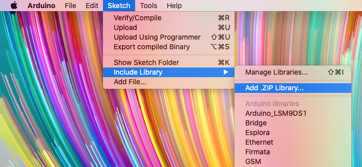 Arduino IDE Sketch menu highlighting Add .ZIP Library