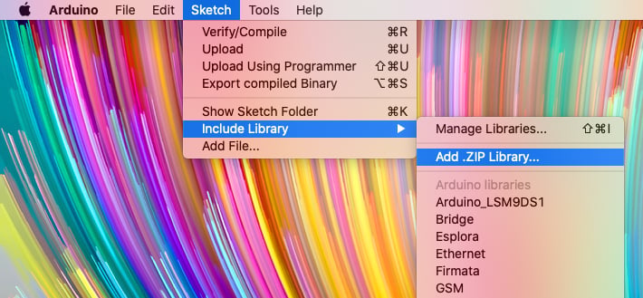 Arduino IDE Sketch menu highlighting Add .ZIP Library
