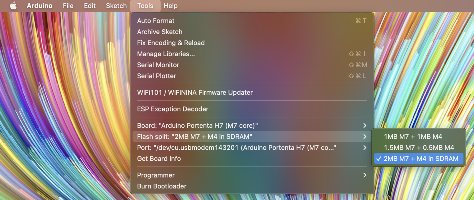 Arduino IDE Tools menu showing the Portenta H7 flash split memory option