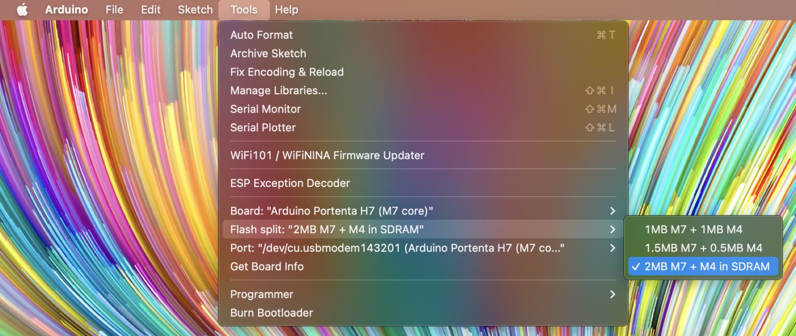 Arduino IDE Tools menu showing the Portenta H7 flash split memory option