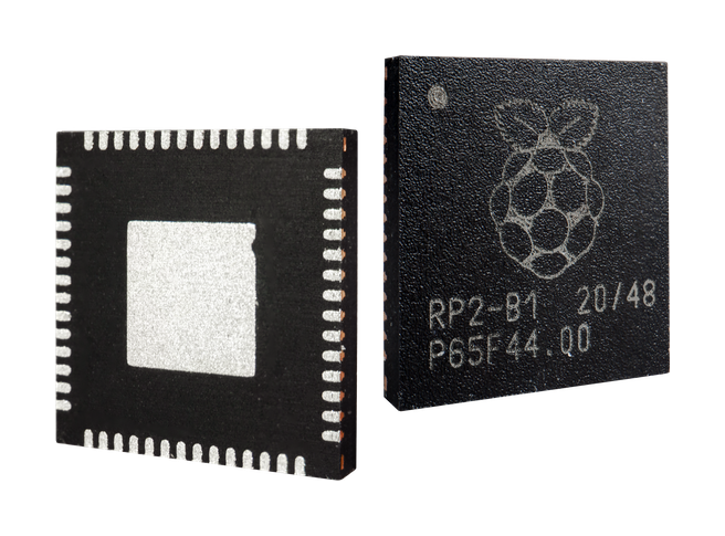 Two Raspberry Pi RP2040 microcontroller chips on a white background