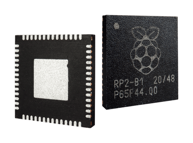 Two Raspberry Pi RP2040 microcontroller chips on a white background