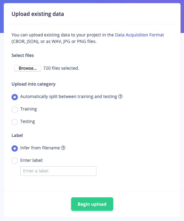 Upload data dialog importing open-set audio samples