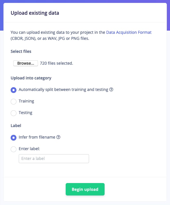 Upload data dialog importing noise and unknown audio samples