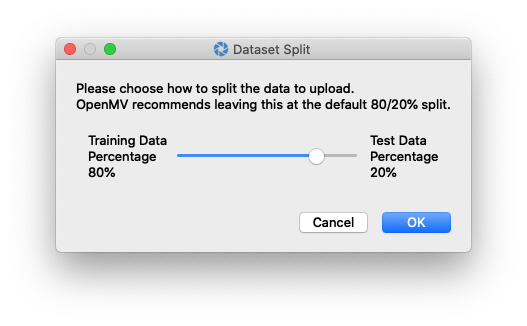 Upload dialog for selecting the Edge Impulse project and training or testing split
