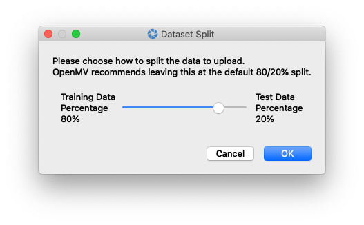 Upload dialog for selecting the Edge Impulse project and training or testing split