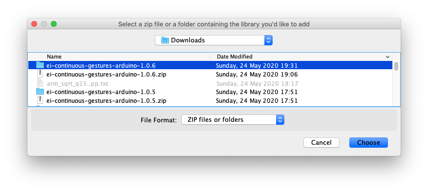 File chooser selecting the exported Edge Impulse Arduino library folder