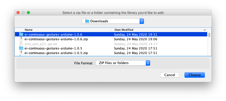 File chooser selecting the exported Edge Impulse Arduino library folder