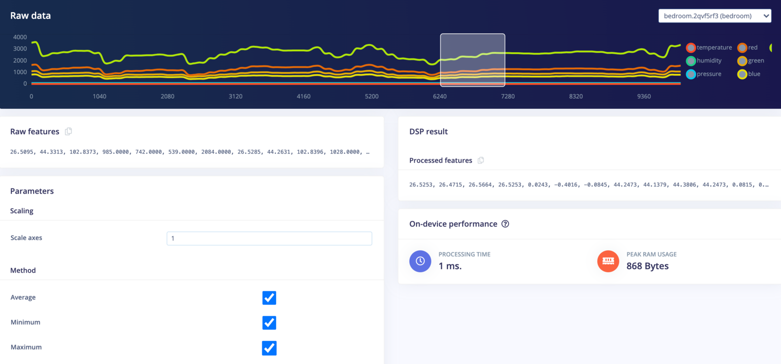 The Flatten block parameter page with processed sample features