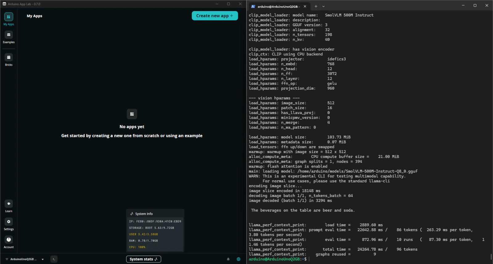 SmolVLM-500M on 2GB UNO Q