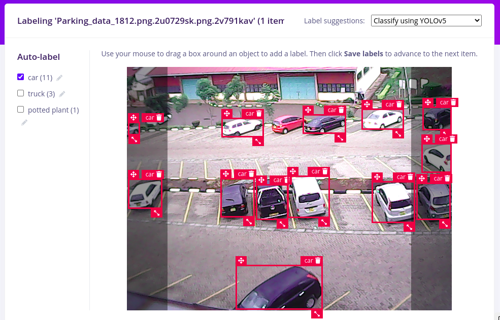 AI-assisted labeling view for assigning object detection labels