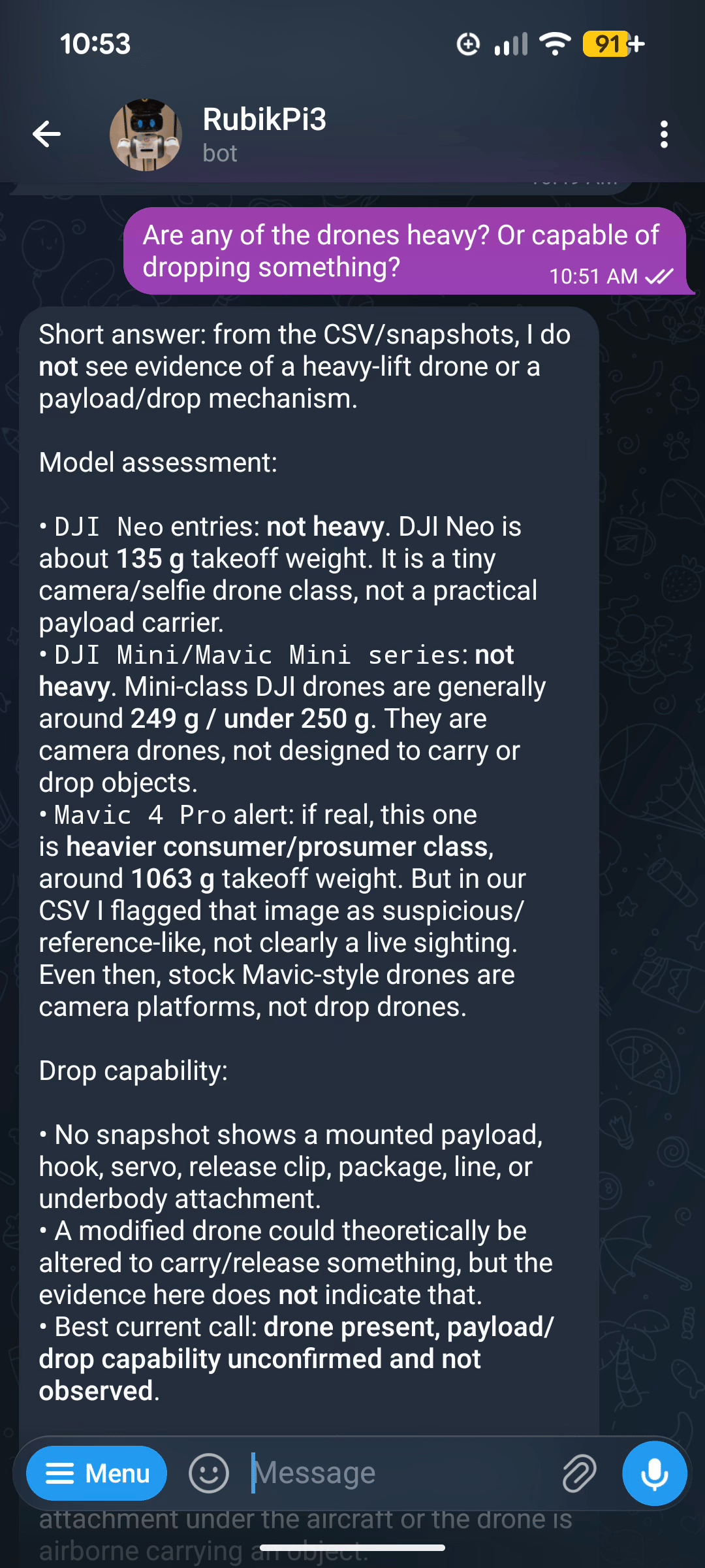 OpenClaw chat interface summarizing historical drone detections