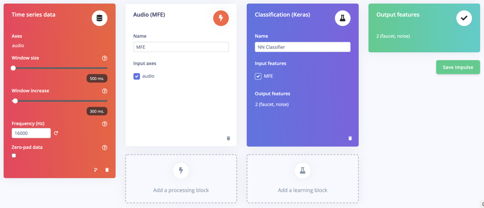 Impulse design with time-series input, MFE processing, and Keras classification blocks