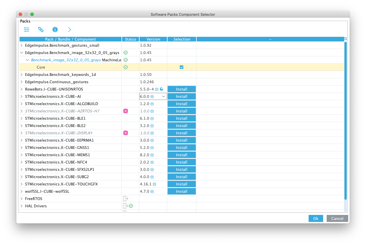 Software Packs component selector with the project CMSIS pack selected