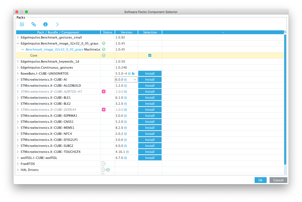 Software Packs component selector with the project CMSIS pack selected