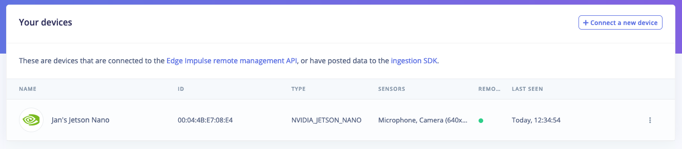 The Devices page listing a Jetson board as connected
