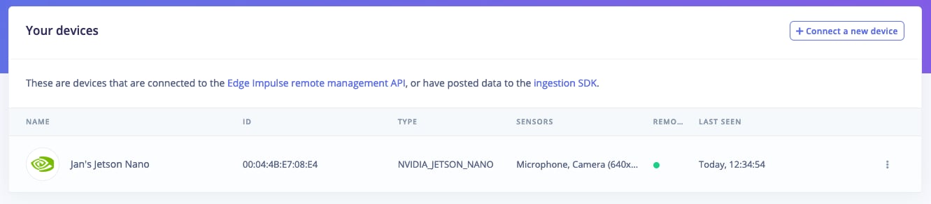 The Devices page listing a Jetson board as connected