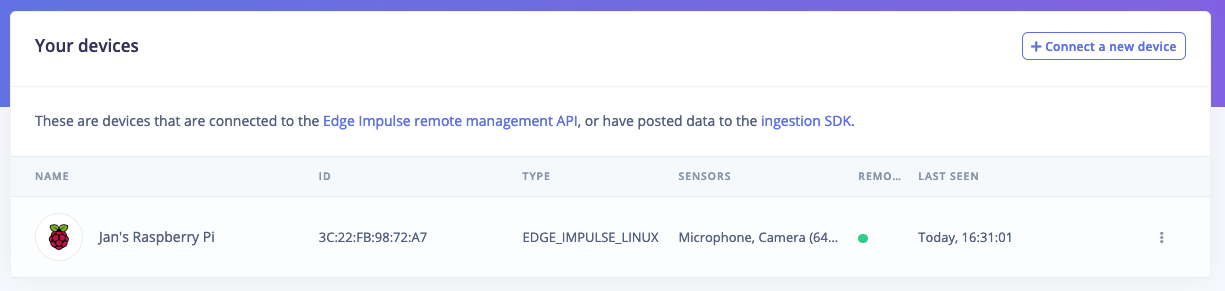 The Devices page listing a Raspberry Pi as connected