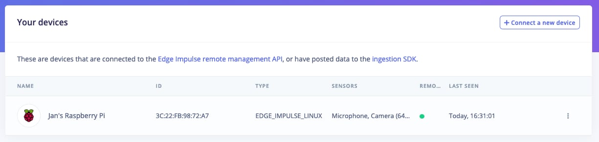 The Devices page listing a Raspberry Pi as connected
