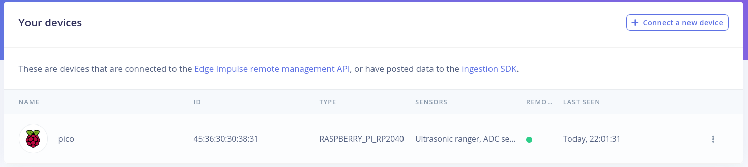 The Devices page listing a Raspberry Pi Pico as connected